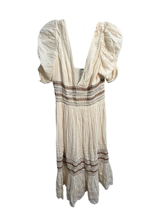 Free People Dresses & Skirts - Free People Boho Embroidered Puff Sleeve Midi Dress Cream Women’s Size 6